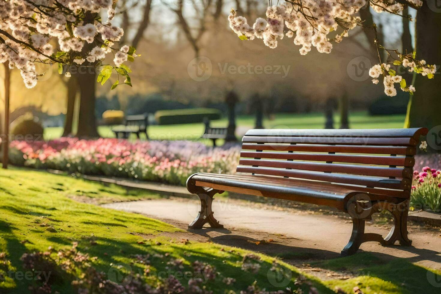 a bench sits in a park surrounded by flowers. AI-Generated photo