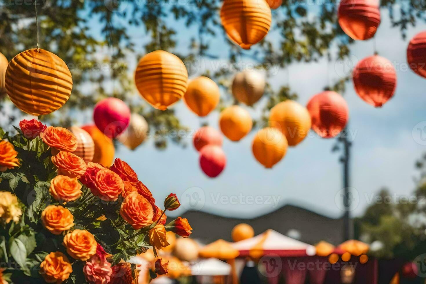 colorful paper lanterns hanging from trees. AI-Generated photo