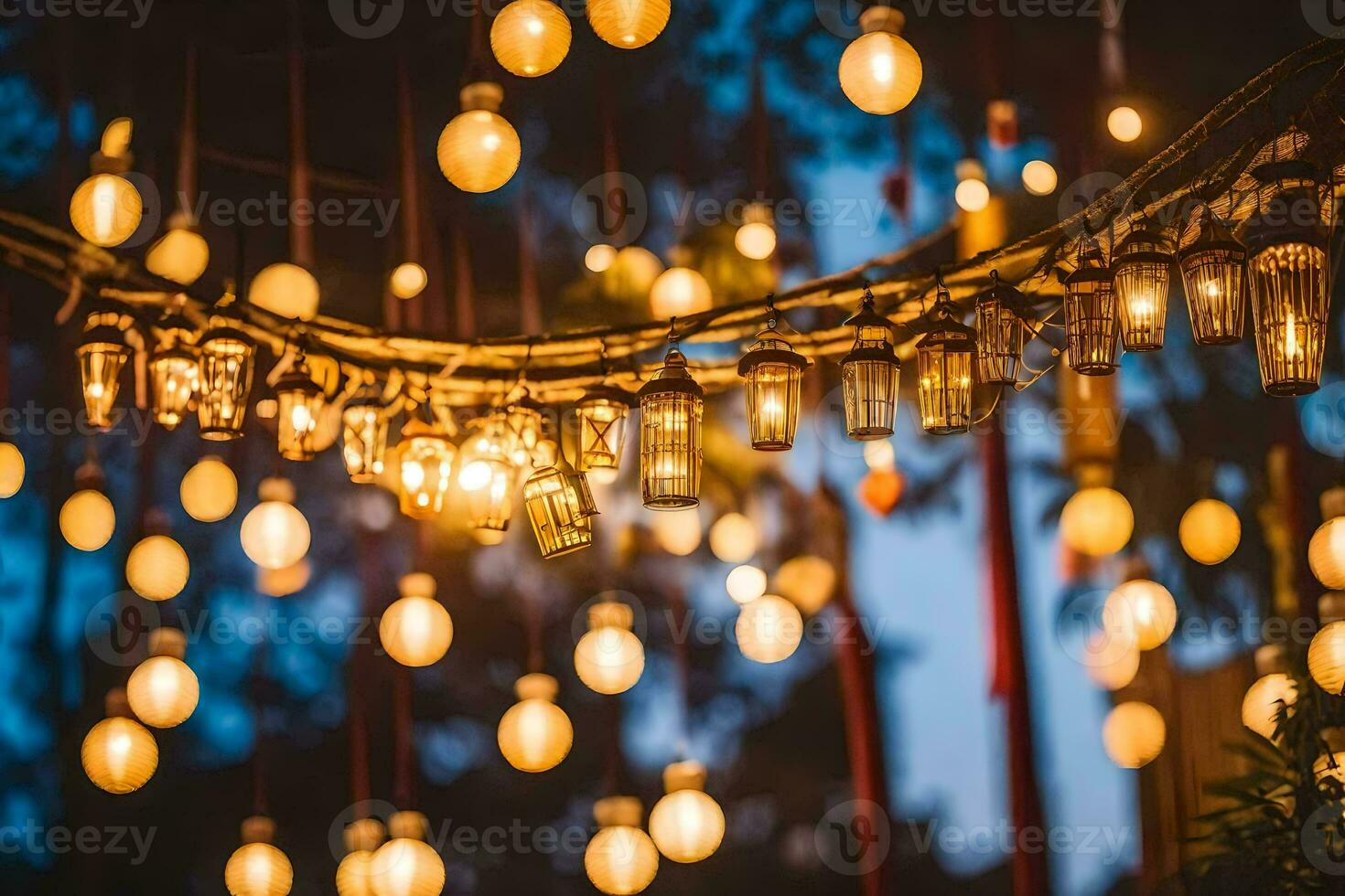 un cuerda de luces colgando desde un árbol. generado por ai foto