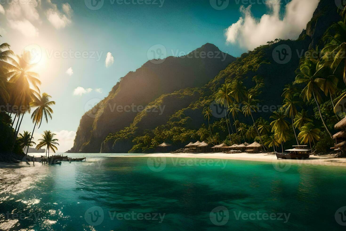 a tropical island with palm trees and a beach. AI-Generated photo
