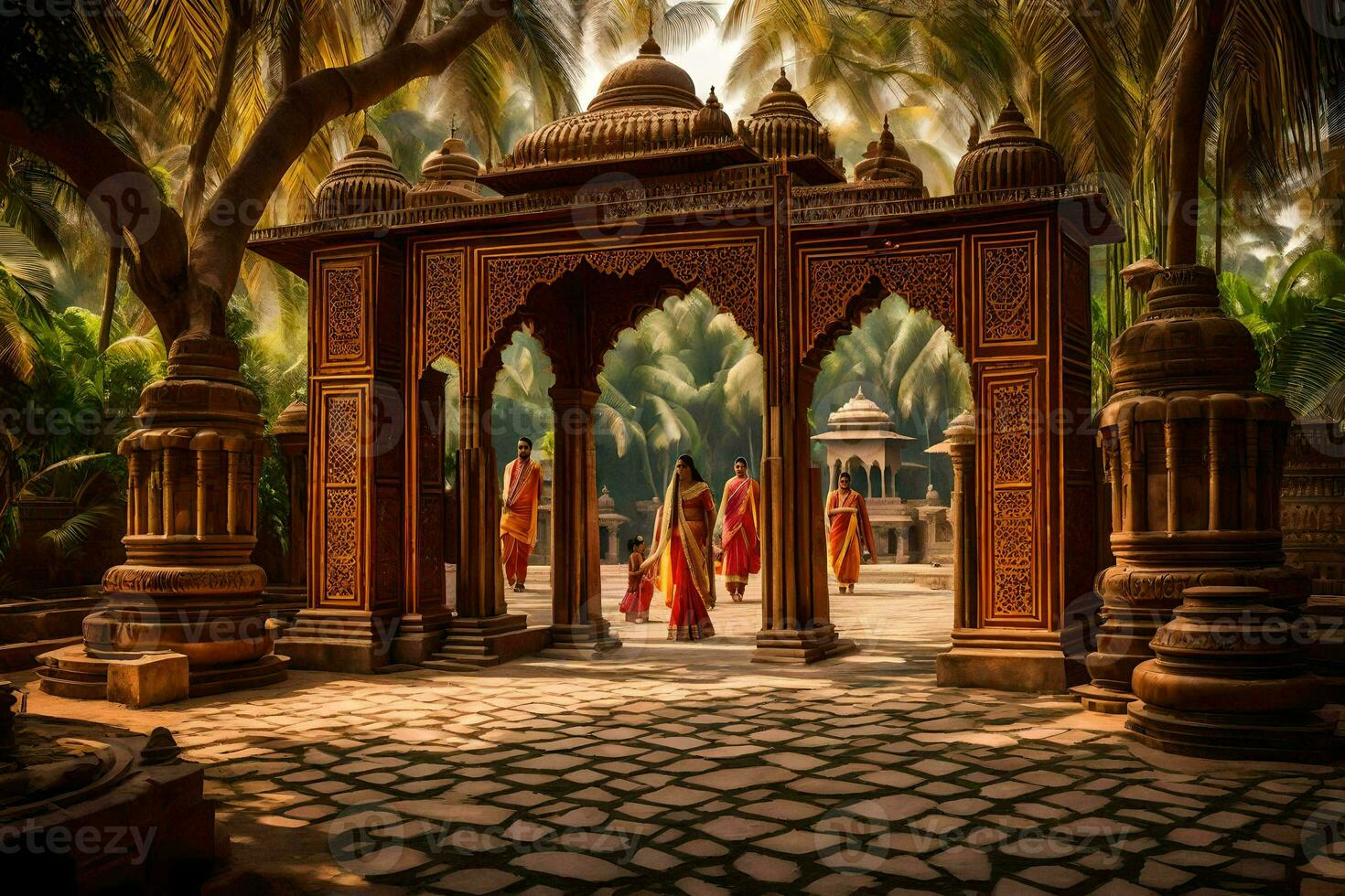 a group of people walking through a gate in a temple. AI-Generated photo