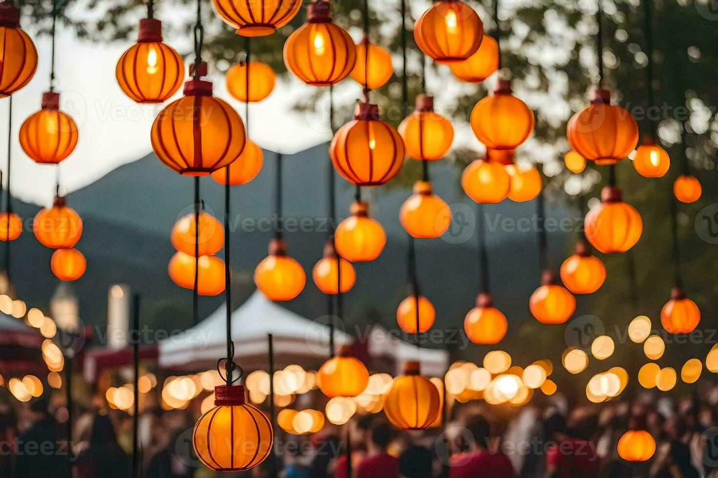 many orange lanterns hanging from the ceiling. AI-Generated photo