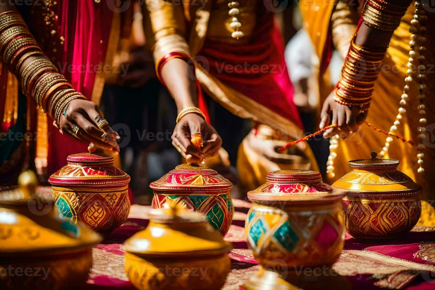 a group of women in traditional indian clothing are preparing food. AI-Generated photo