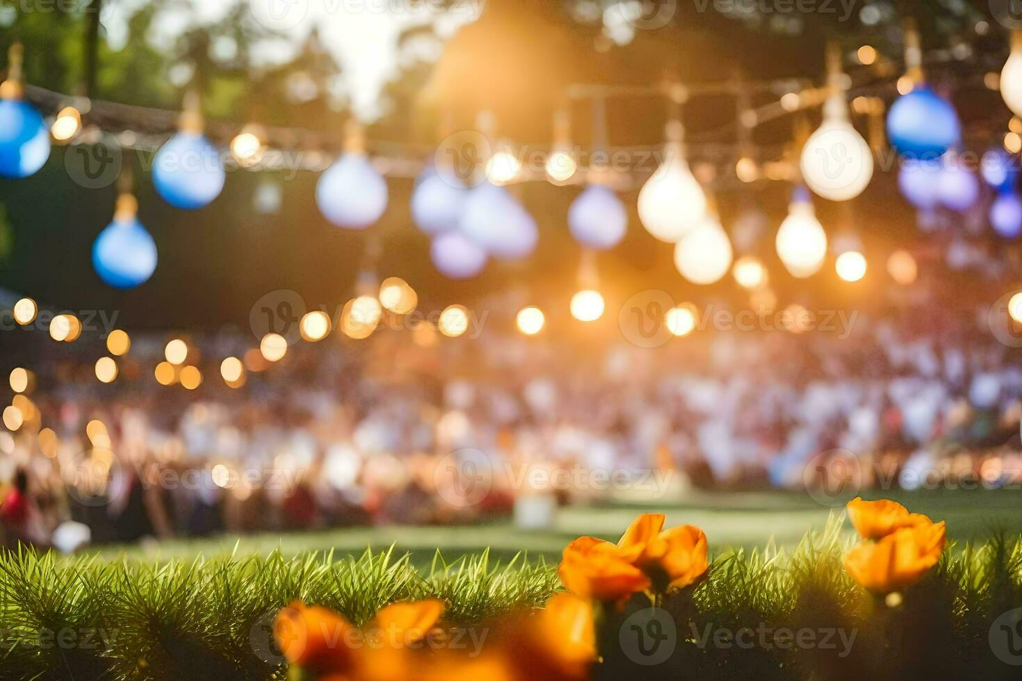 un al aire libre evento con vistoso luces y flores generado por ai foto