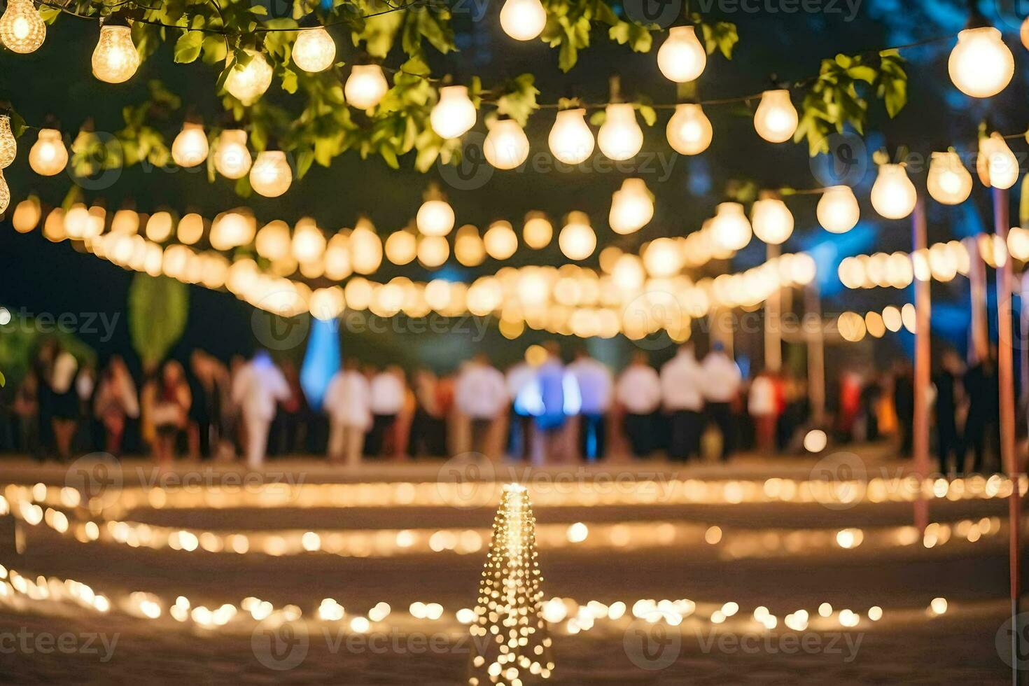 a wedding reception with lights and candles. AI-Generated photo