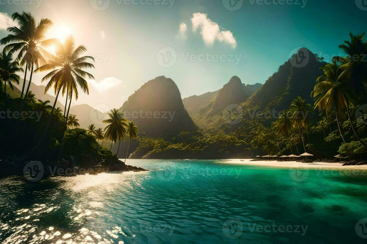 the sun shines over a tropical beach and palm trees. AI-Generated photo