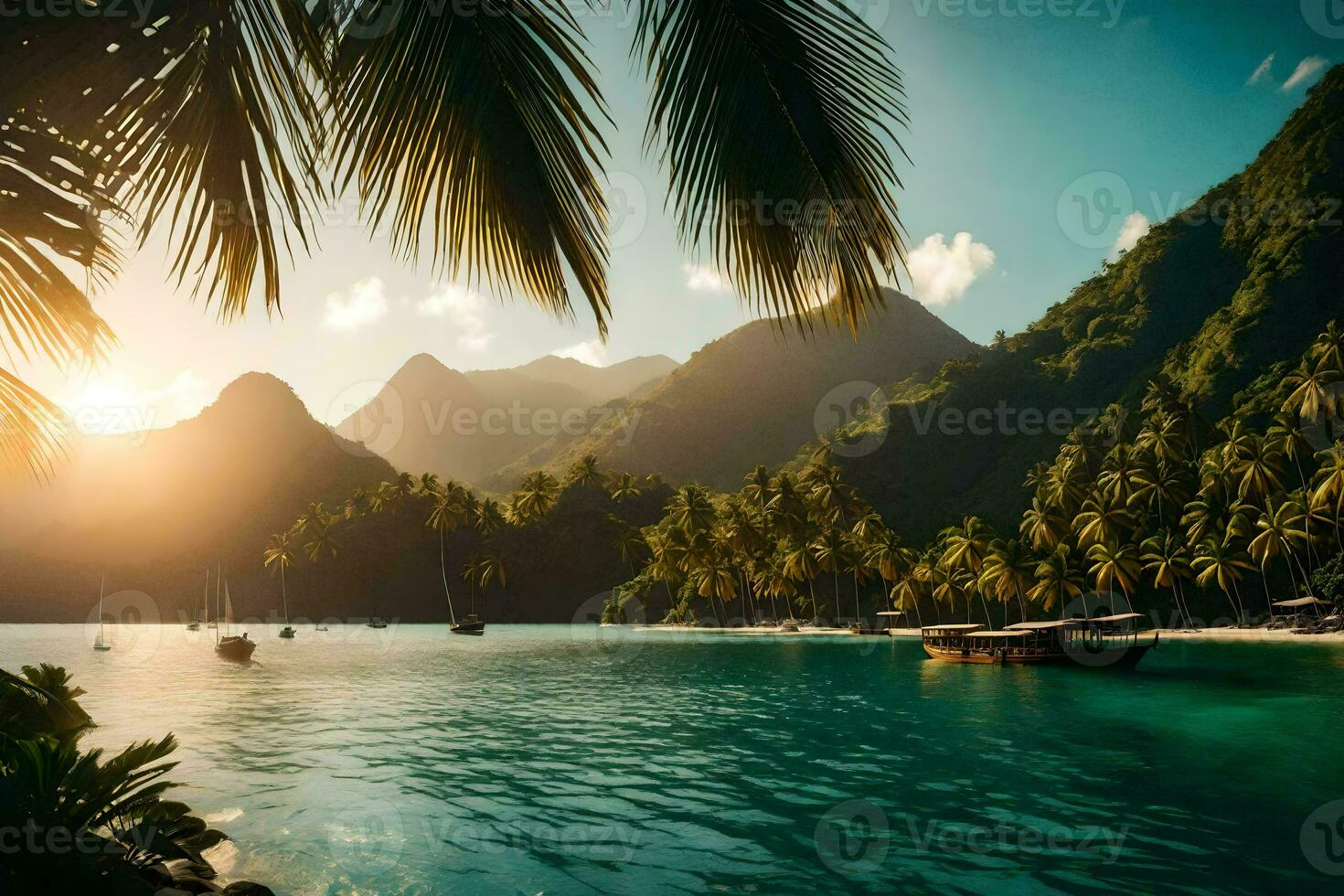 the sun shines over a tropical beach with palm trees. AI-Generated photo