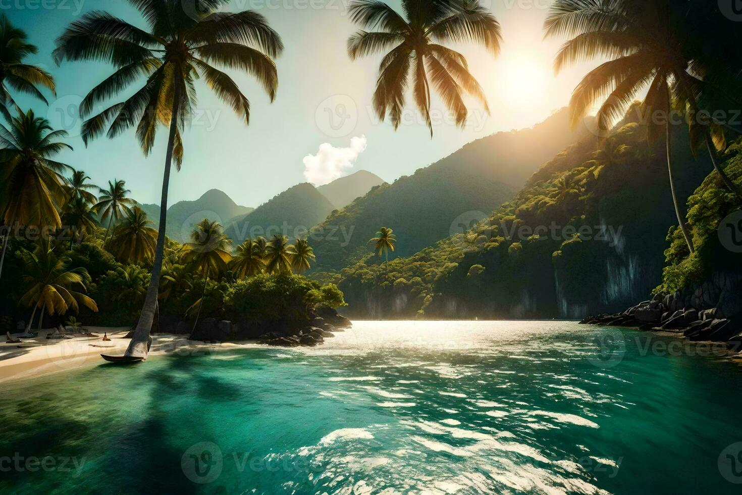 tropical beach with palm trees and mountains. AI-Generated photo