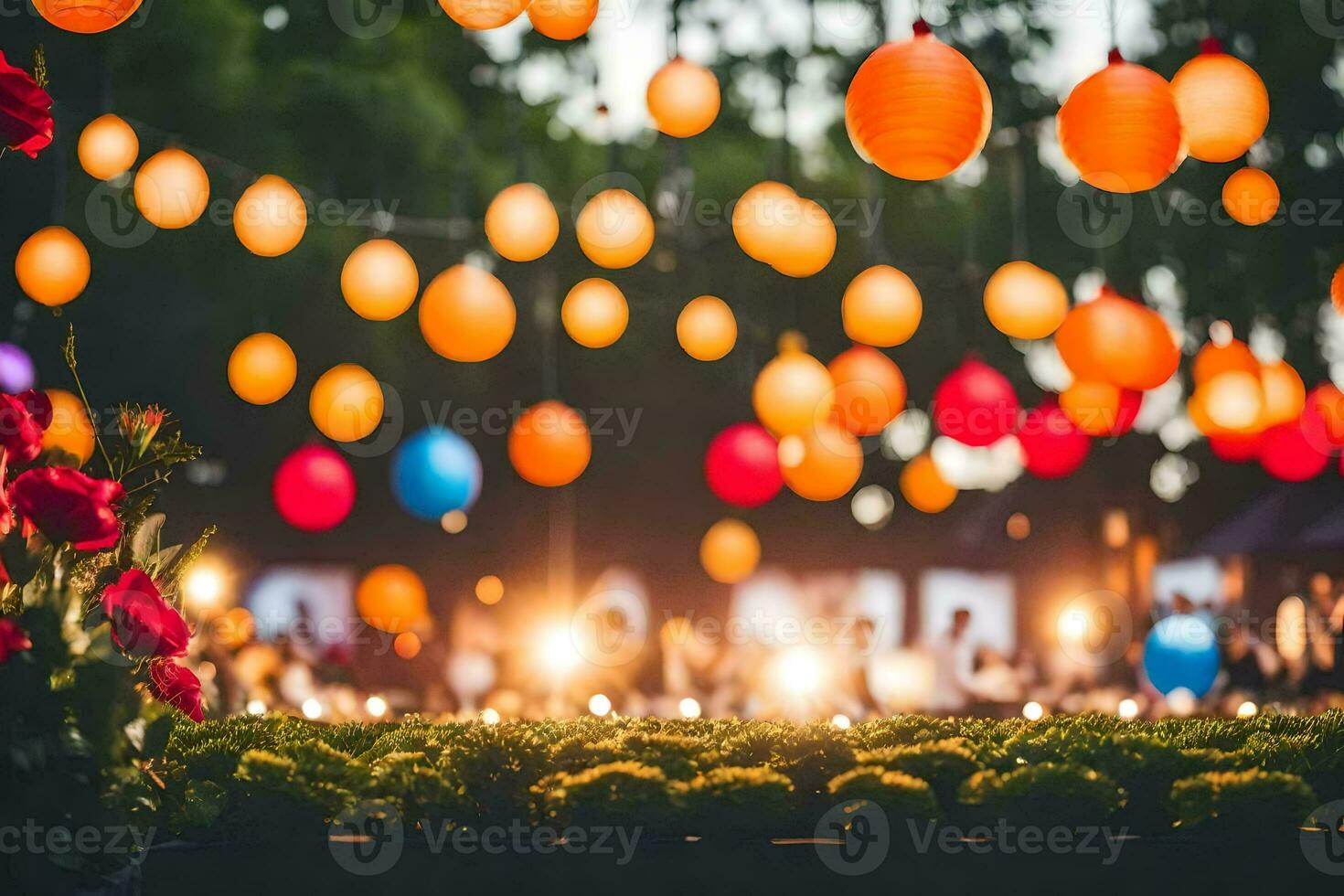 many colorful paper lanterns hanging from the trees. AI-Generated photo