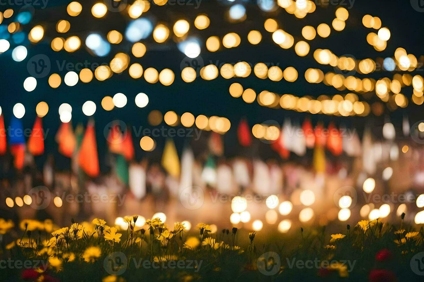 un campo de flores y banderas en frente de un noche cielo. generado por ai foto