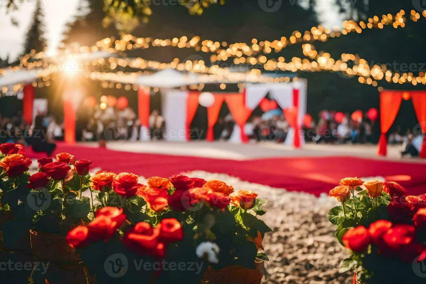 a red carpet and flowers in the middle of a garden. AI-Generated photo