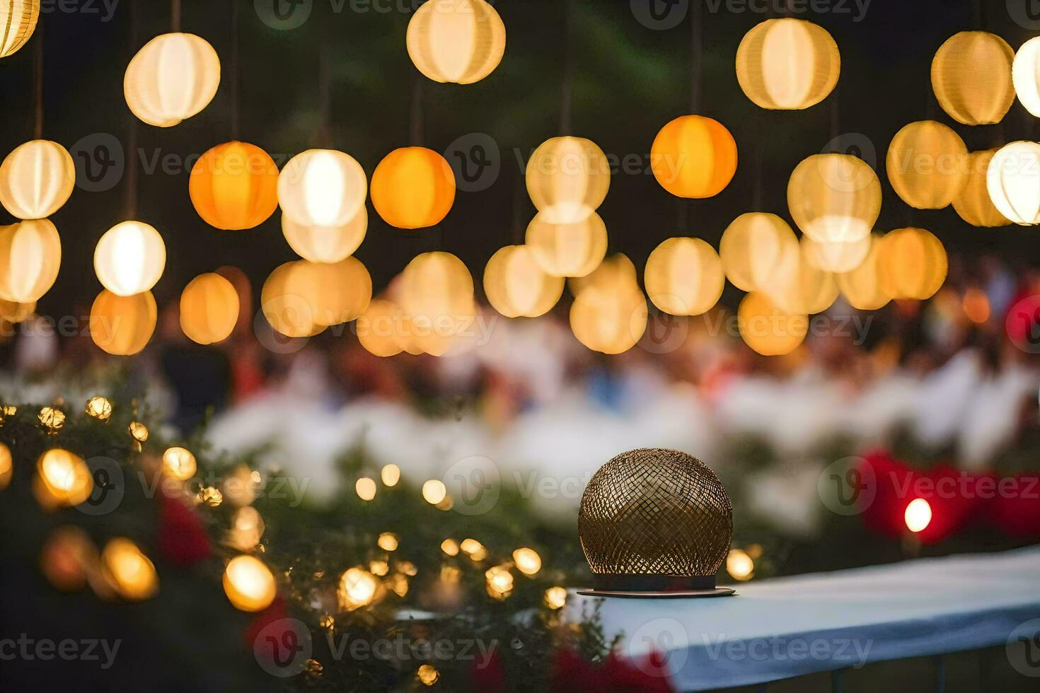 un mesa con luces y un dorado pelota. generado por ai foto