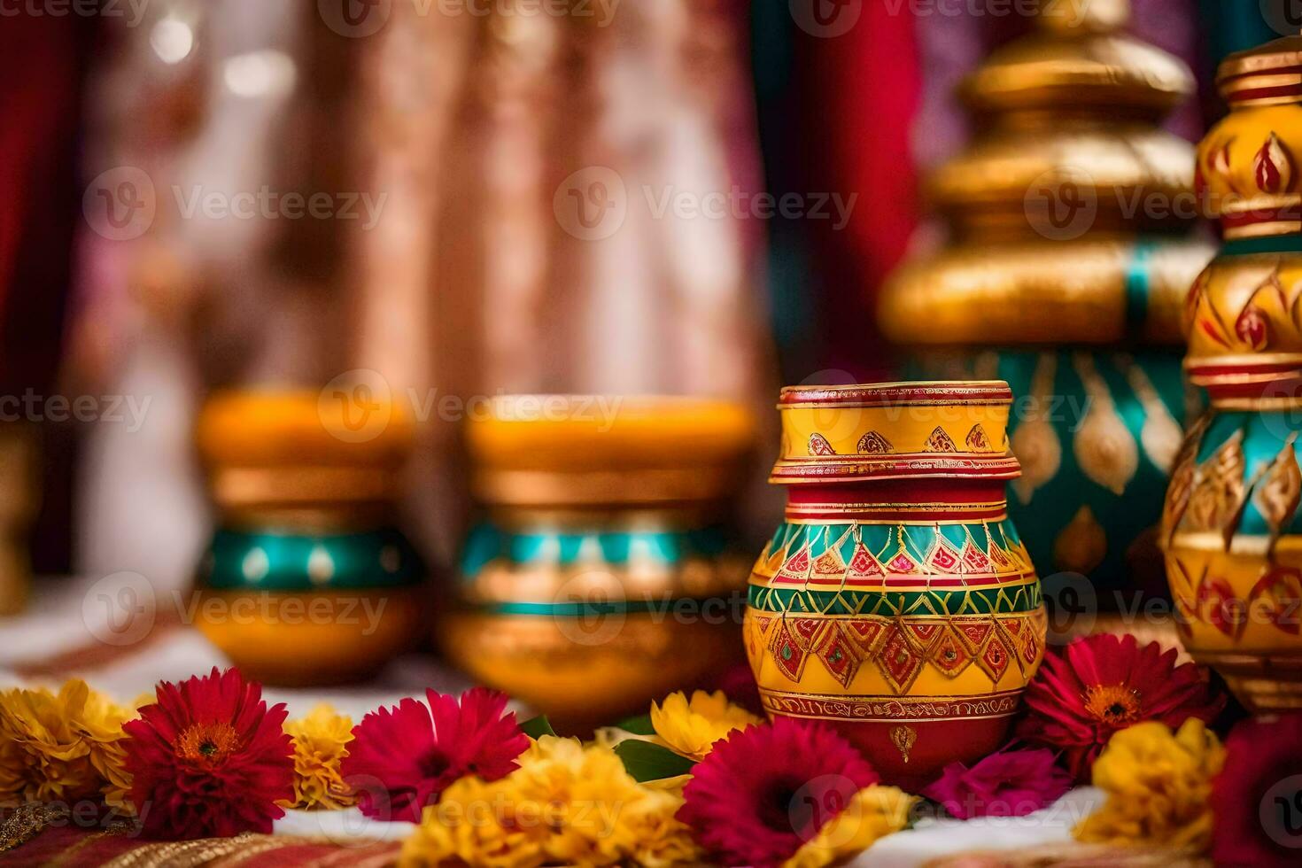 colorful pots and flowers on a table. AI-Generated photo