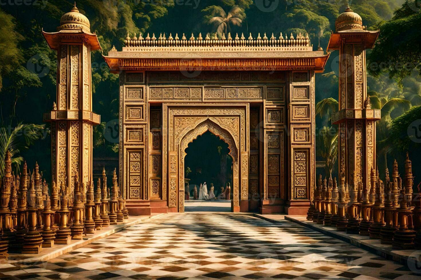 an ornate gate in the middle of a park. AI-Generated photo