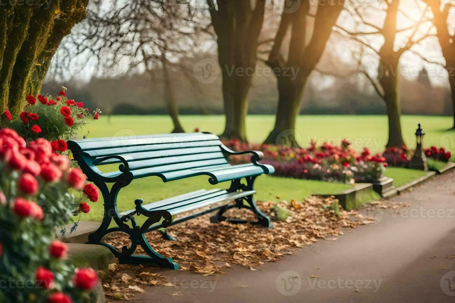 a park bench is surrounded by red flowers. AI-Generated photo