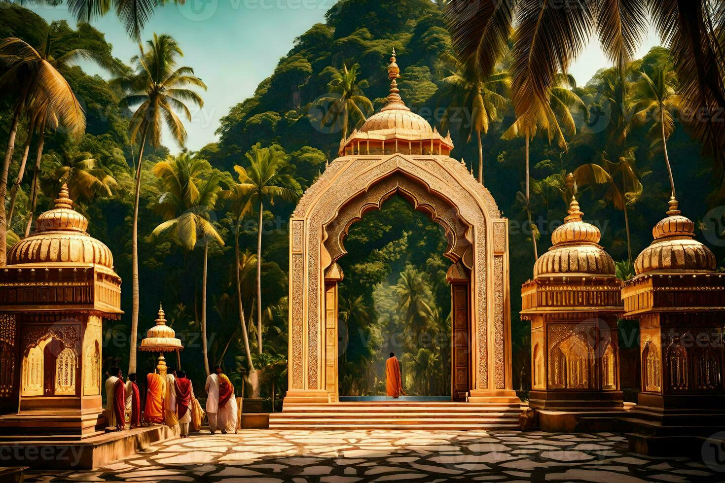 an indian temple with a golden archway and palm trees. AI-Generated photo