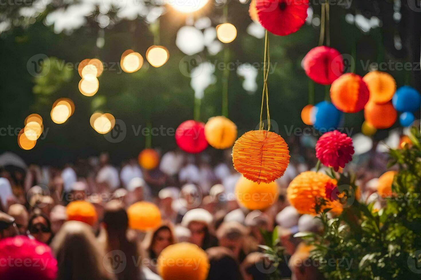many colorful paper lanterns hanging from trees. AI-Generated photo