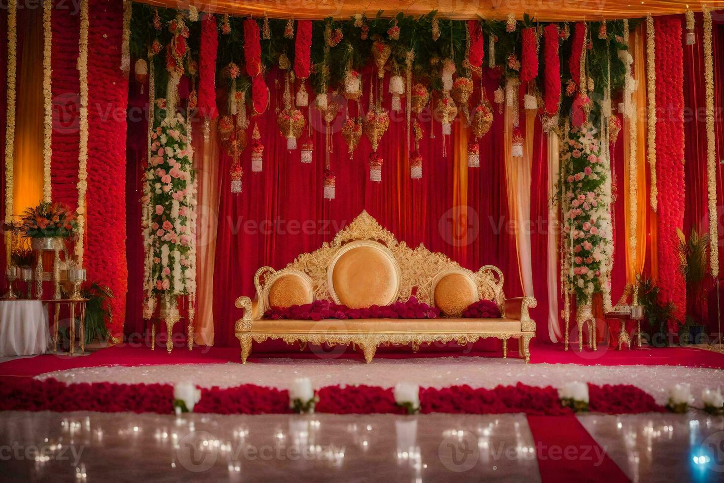 a wedding stage decorated with red and gold. AI-Generated photo