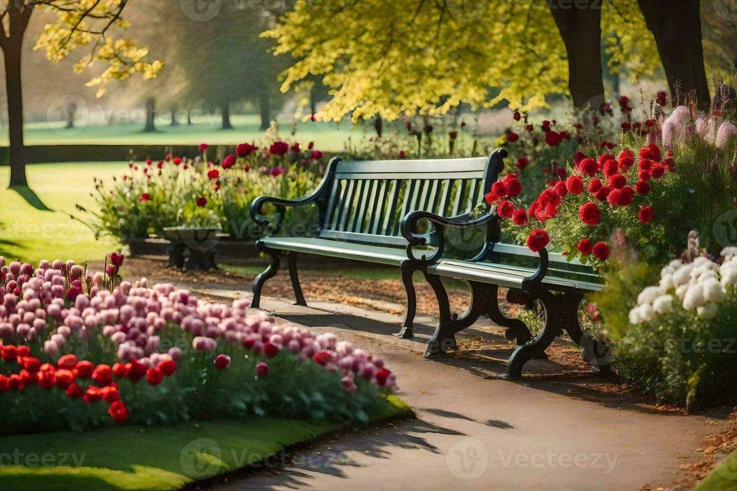 a park bench is surrounded by flowers. AI-Generated photo