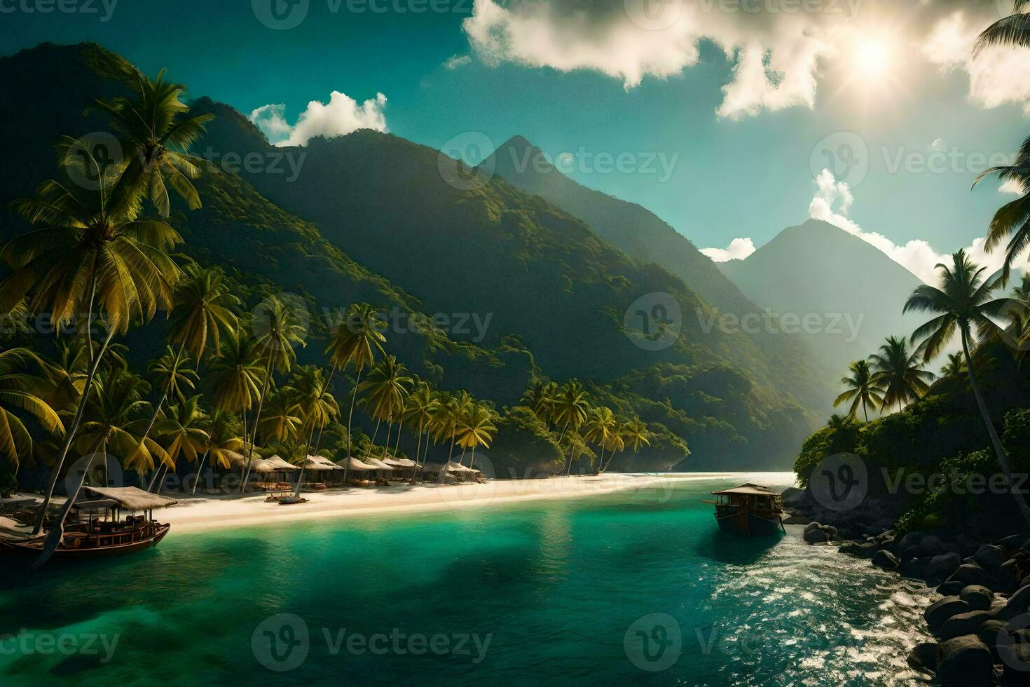 a tropical beach with palm trees and boats. AI-Generated photo