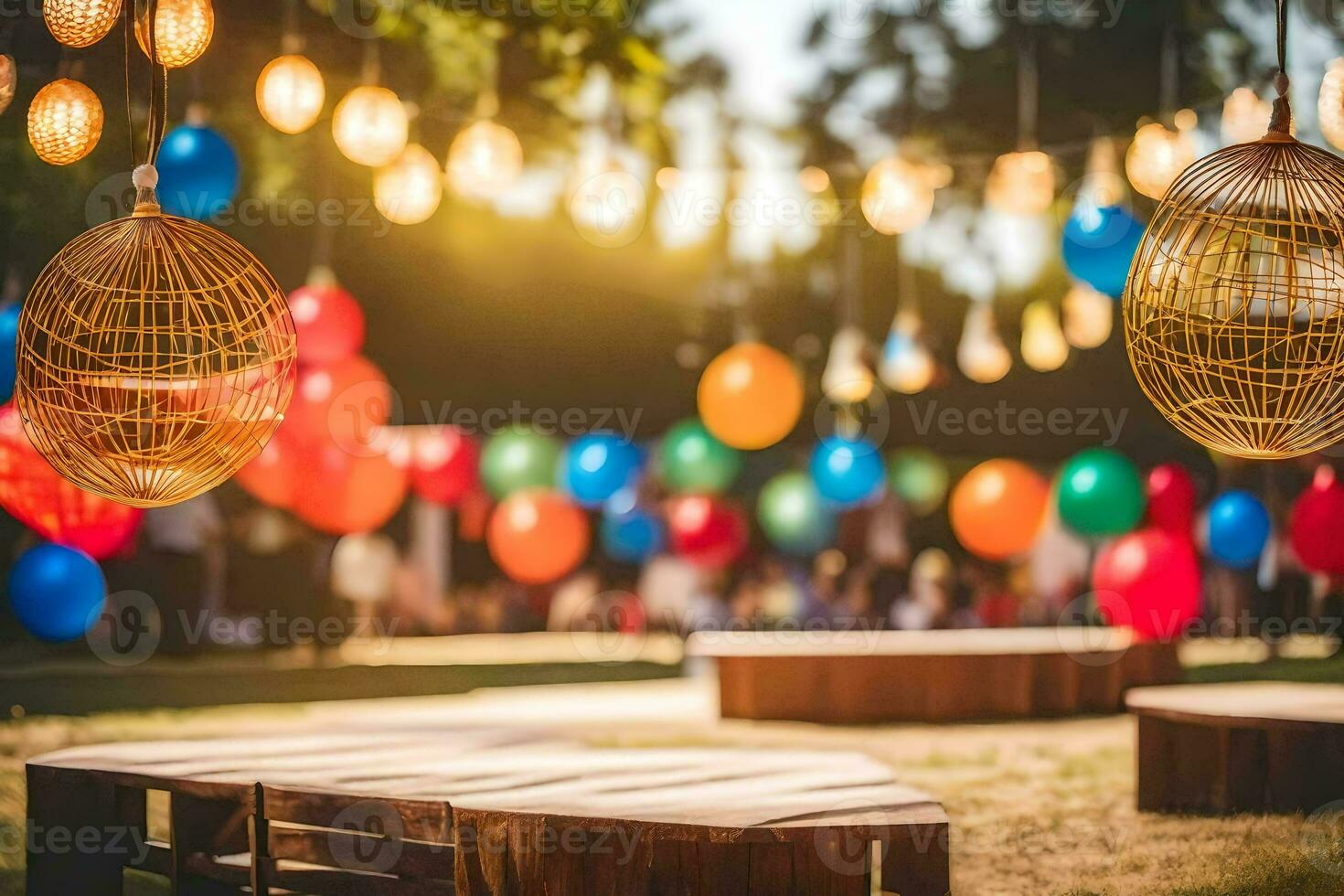 colorful balloons and hanging lights in a park. AI-Generated photo