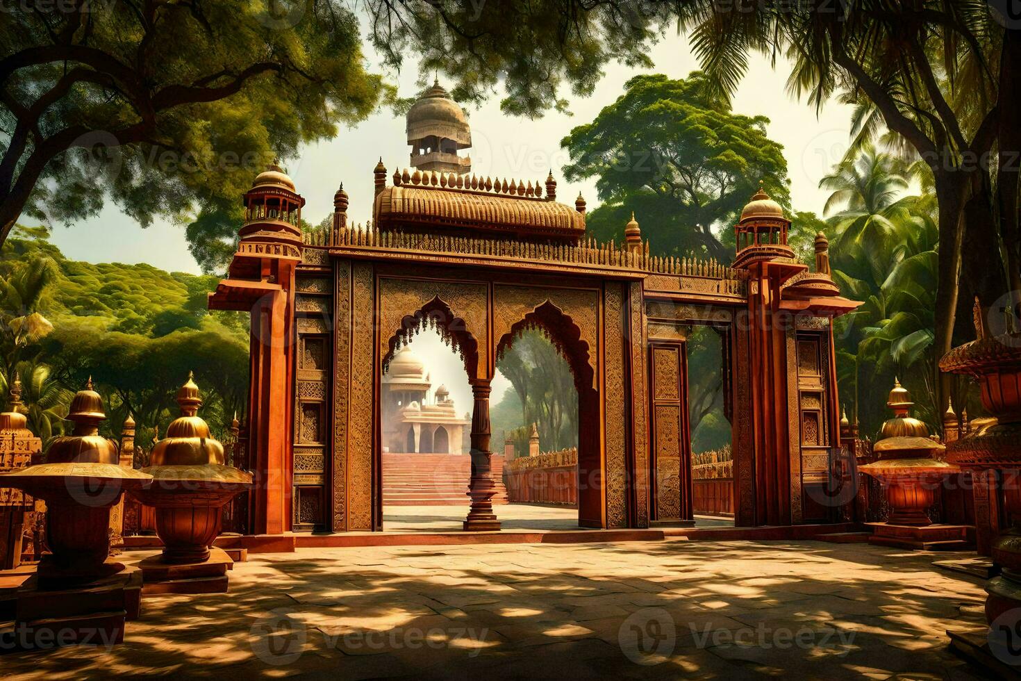 a beautiful gate in the middle of a park. AI-Generated photo