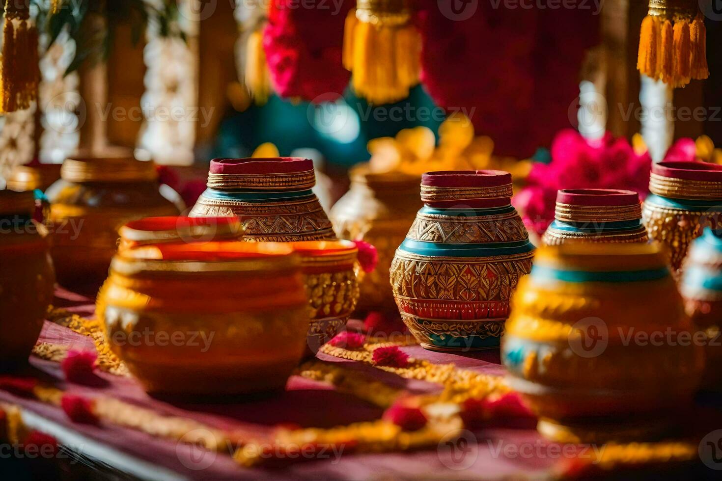 colorful pots and vases on a table. AI-Generated photo