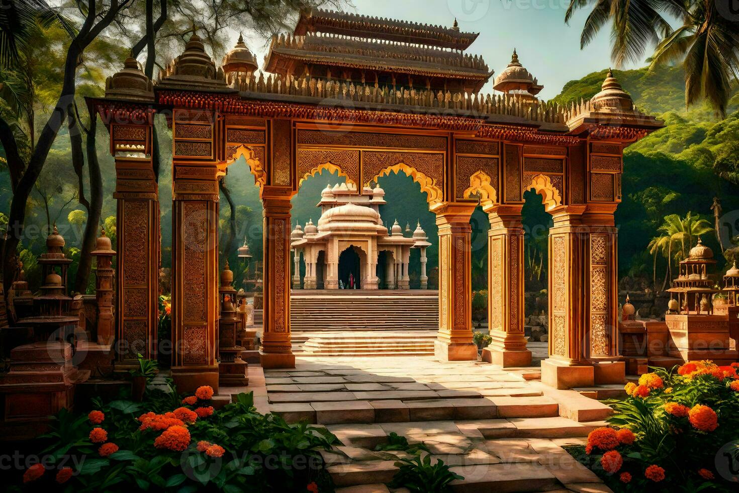 a beautiful temple in the middle of a forest. AI-Generated photo