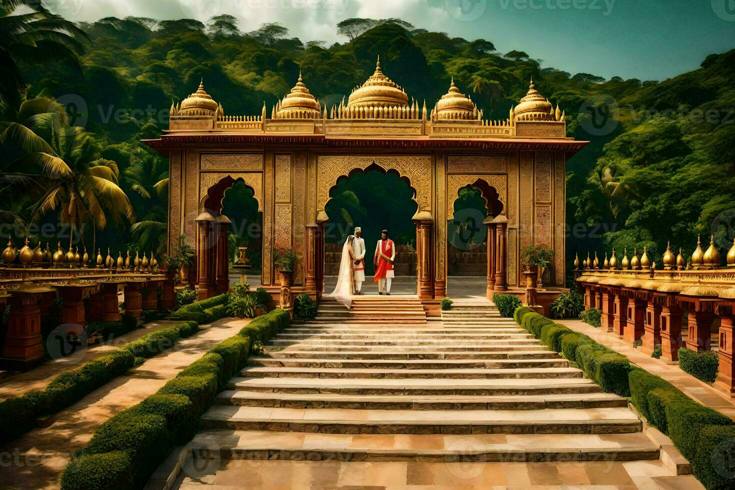 a couple standing in front of an indian temple. AI-Generated photo