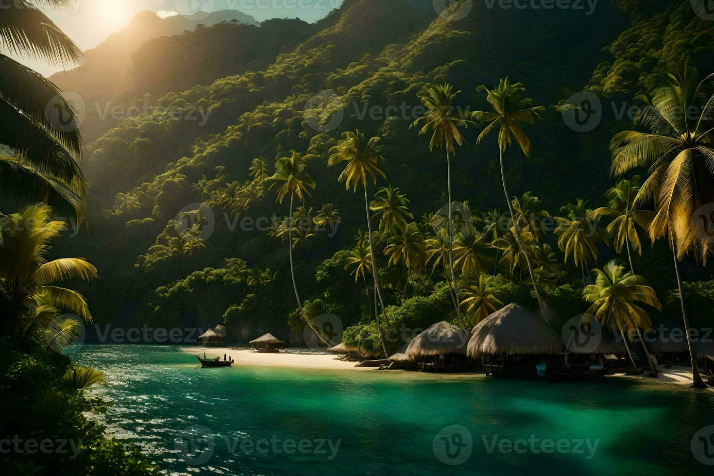 tropical island with palm trees and huts. AI-Generated photo