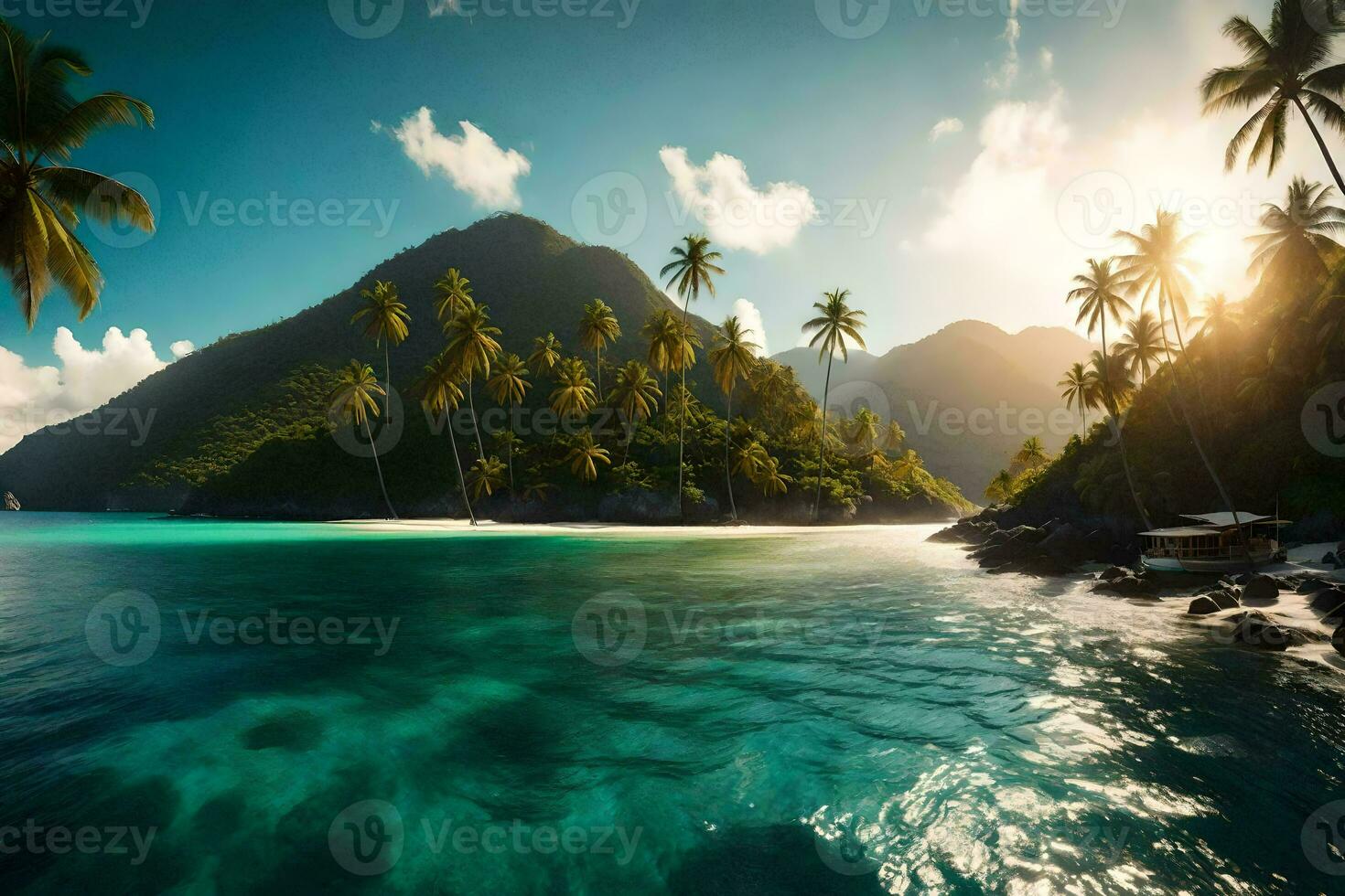 el Dom brilla en un tropical isla con palma arboles generado por ai foto