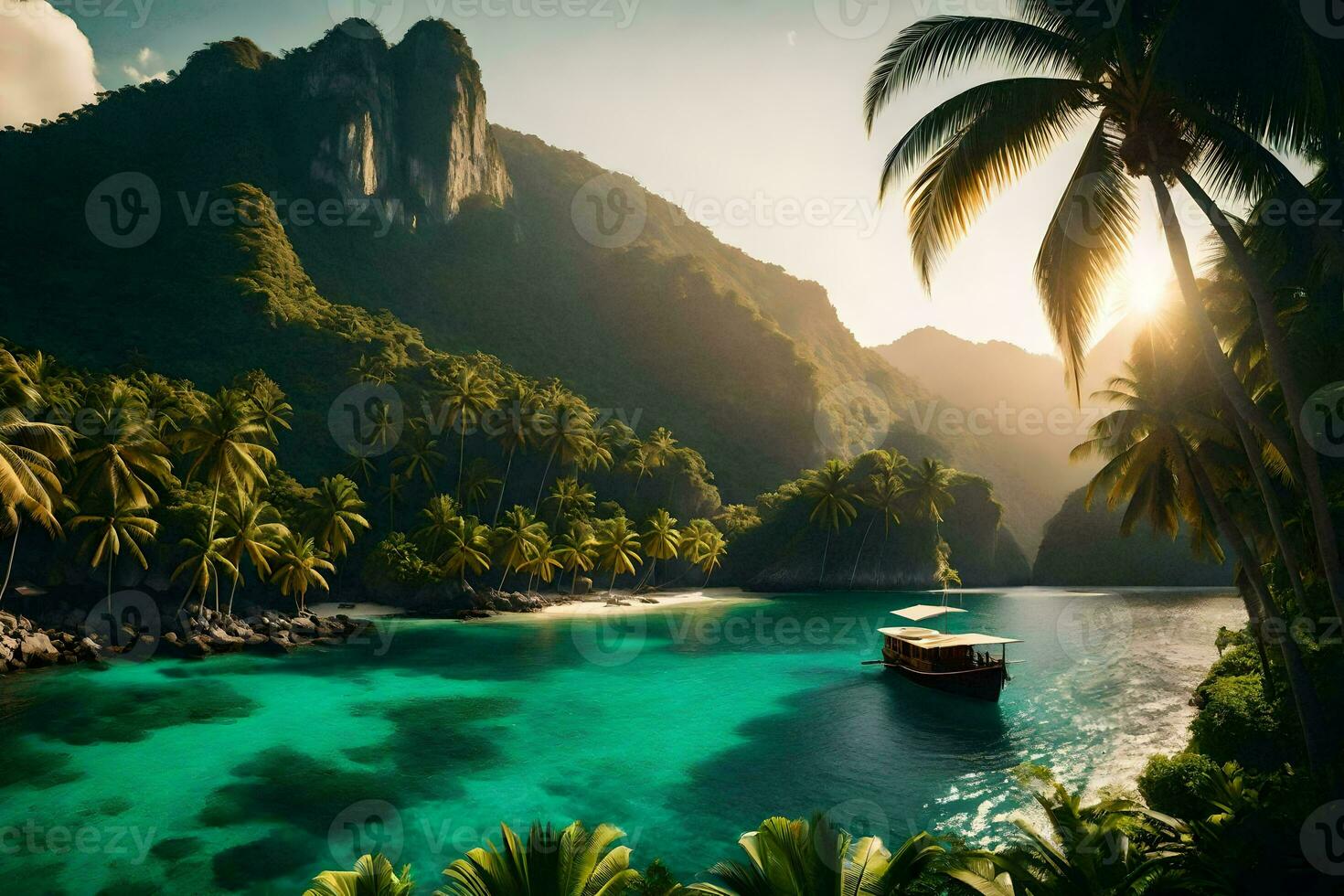 tropical island with palm trees and a boat in the water. AI-Generated photo