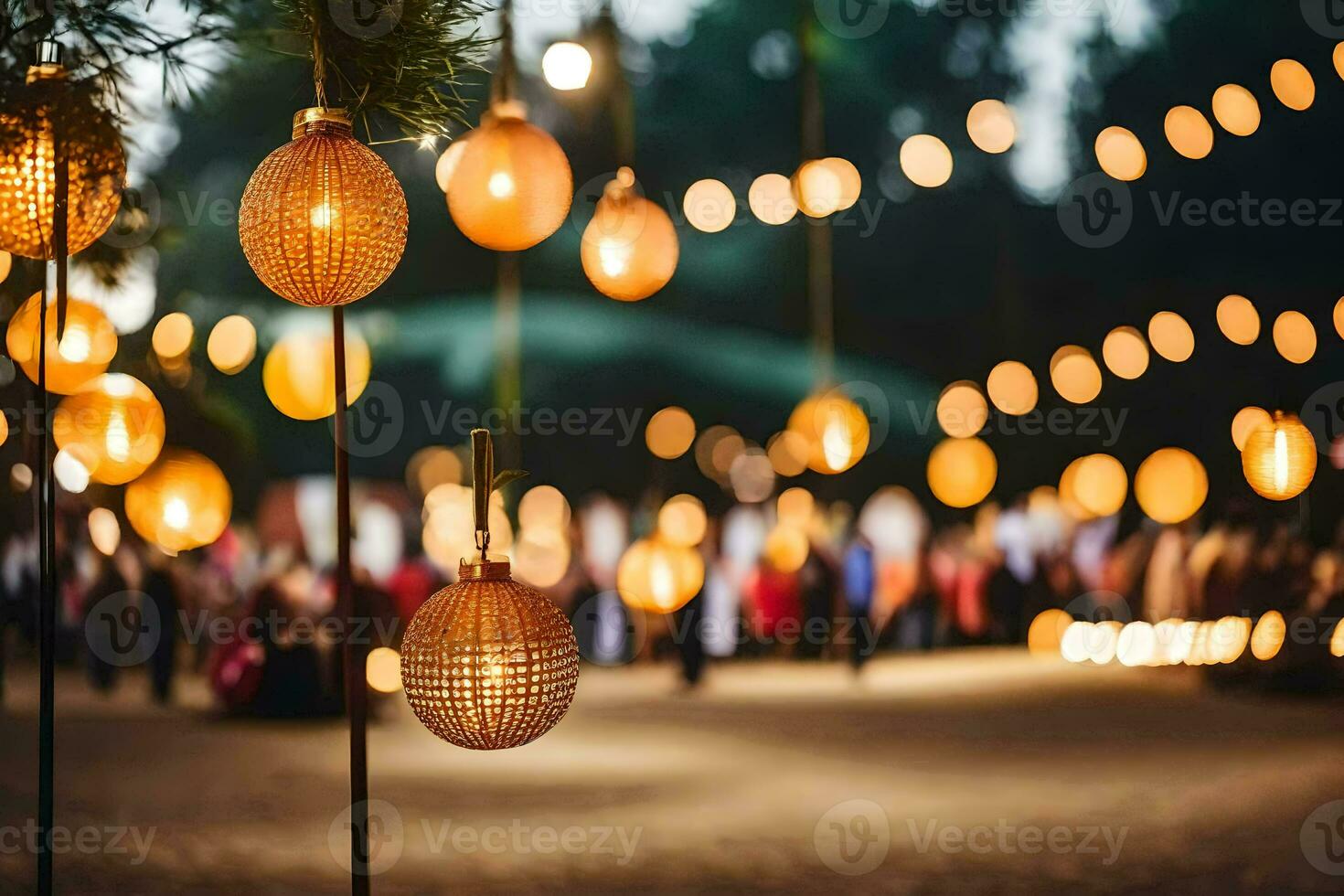 christmas lights hanging from trees in a park. AI-Generated photo
