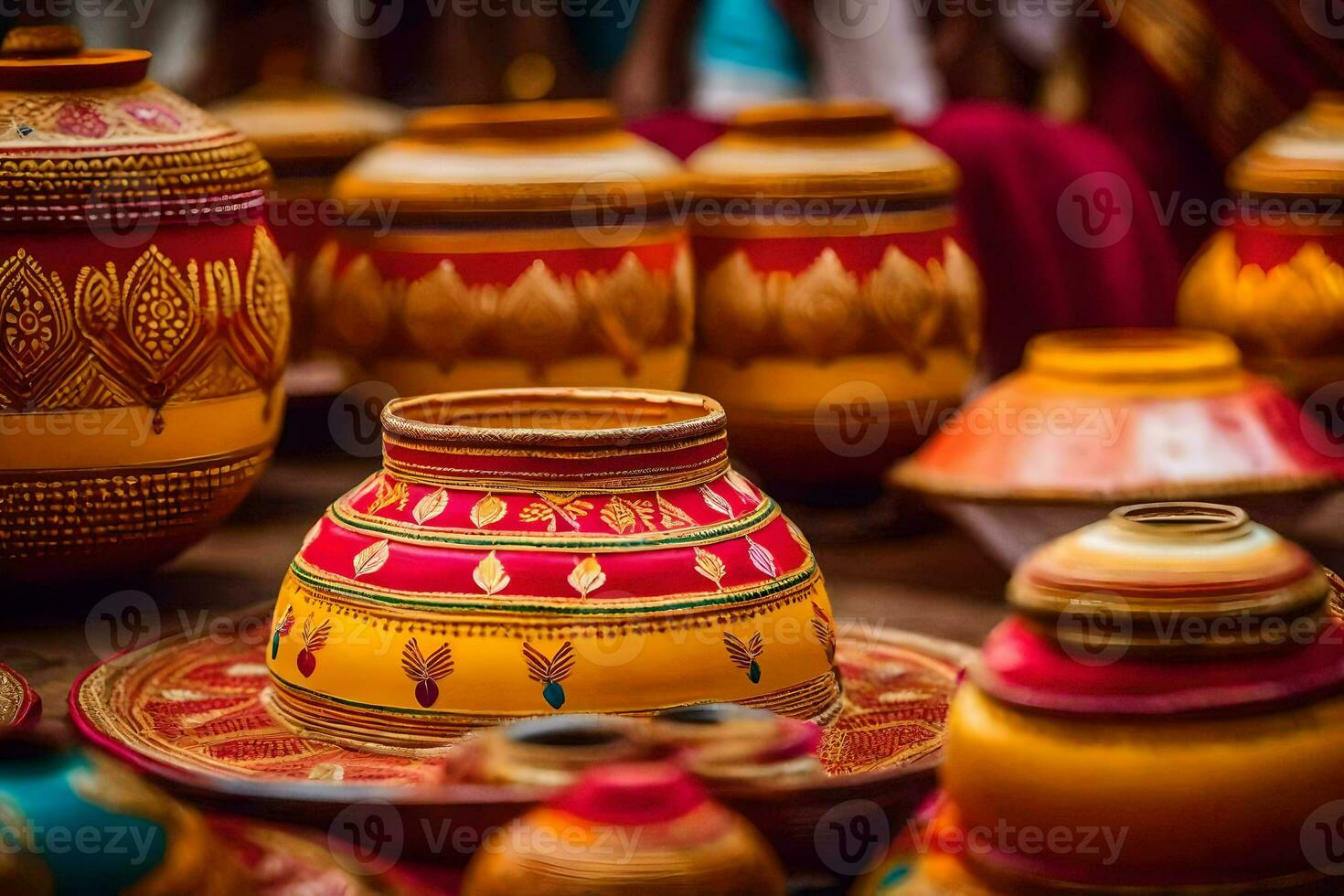 colorful pottery is displayed on a table. AI-Generated photo