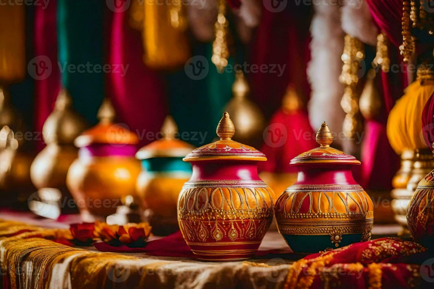colorful vases on a table with colorful decorations. AI-Generated photo
