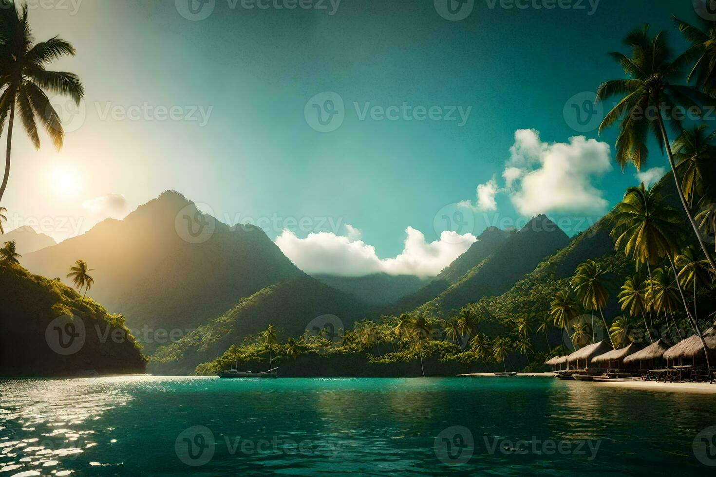 the sun shines over a tropical island with palm trees and huts. AI-Generated photo