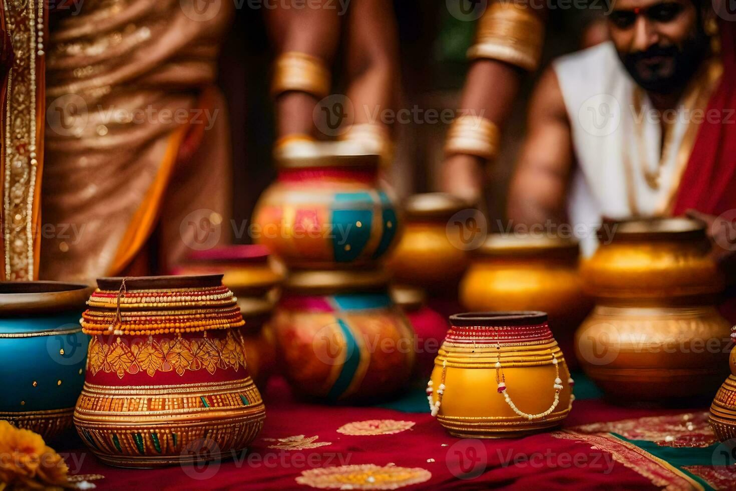 a man is holding a pot with colorful paint on it. AI-Generated photo