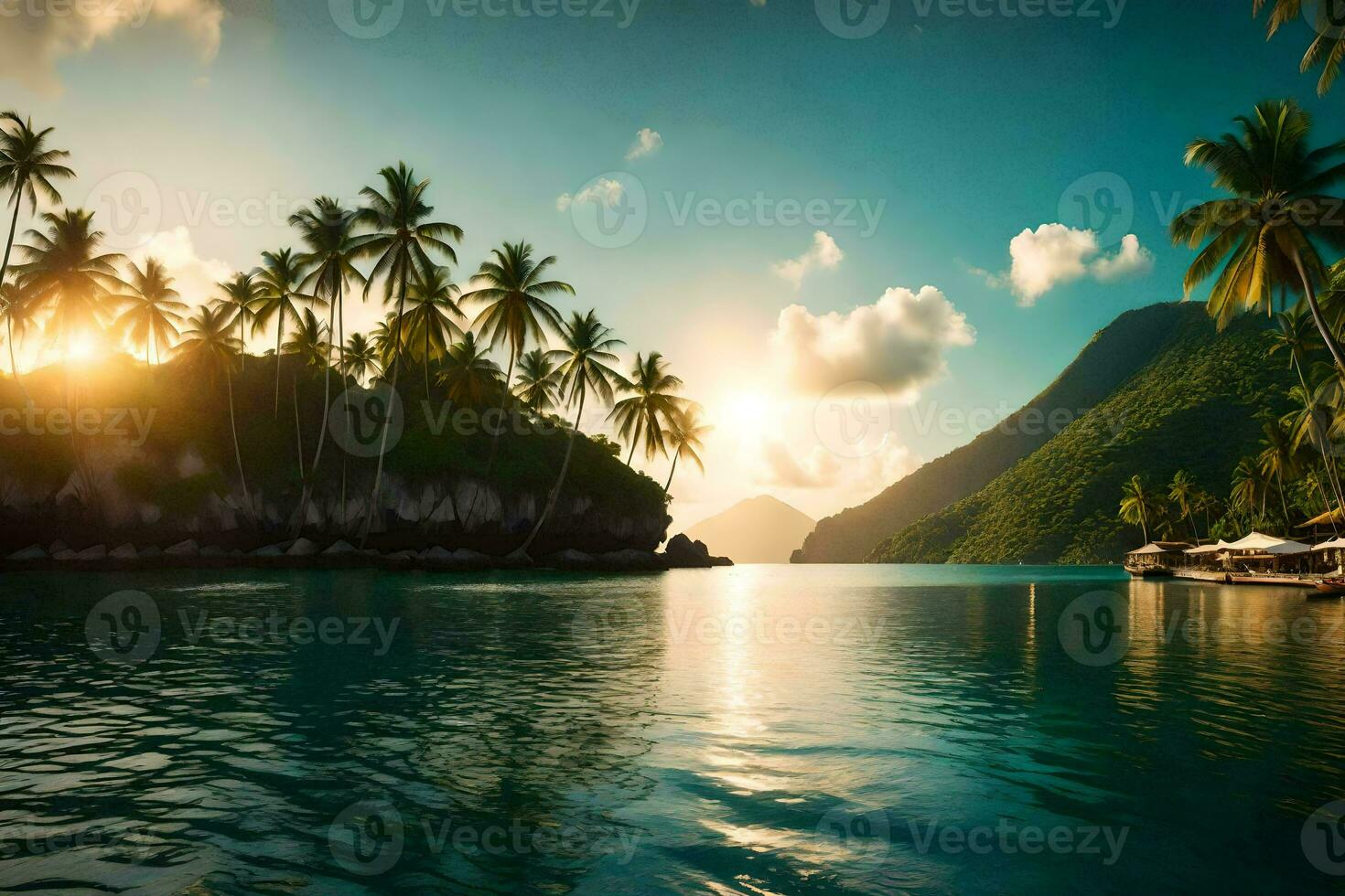the sun sets over a tropical island with palm trees. AI-Generated photo