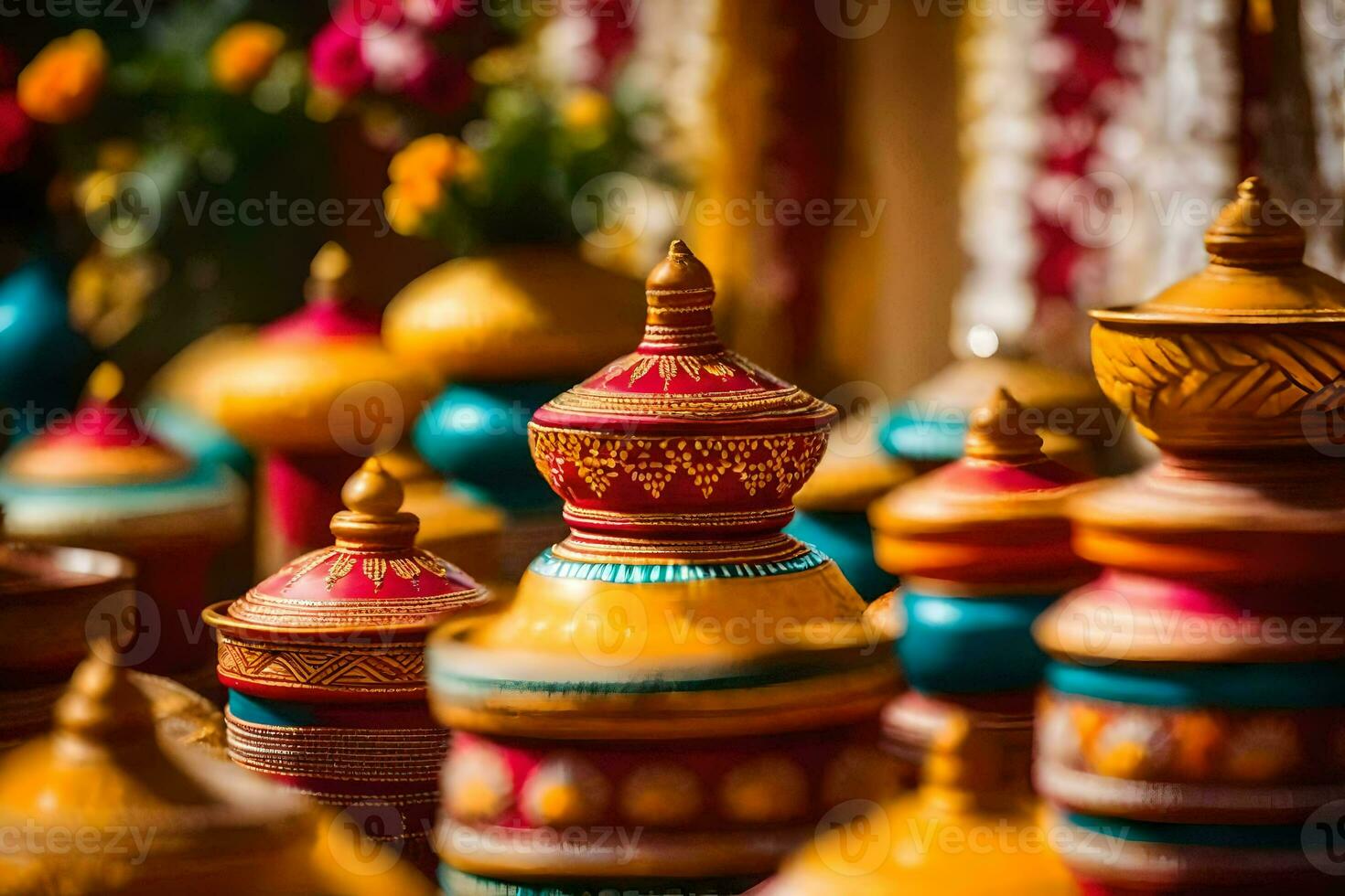 colorful pots and vases are arranged on a table. AI-Generated photo
