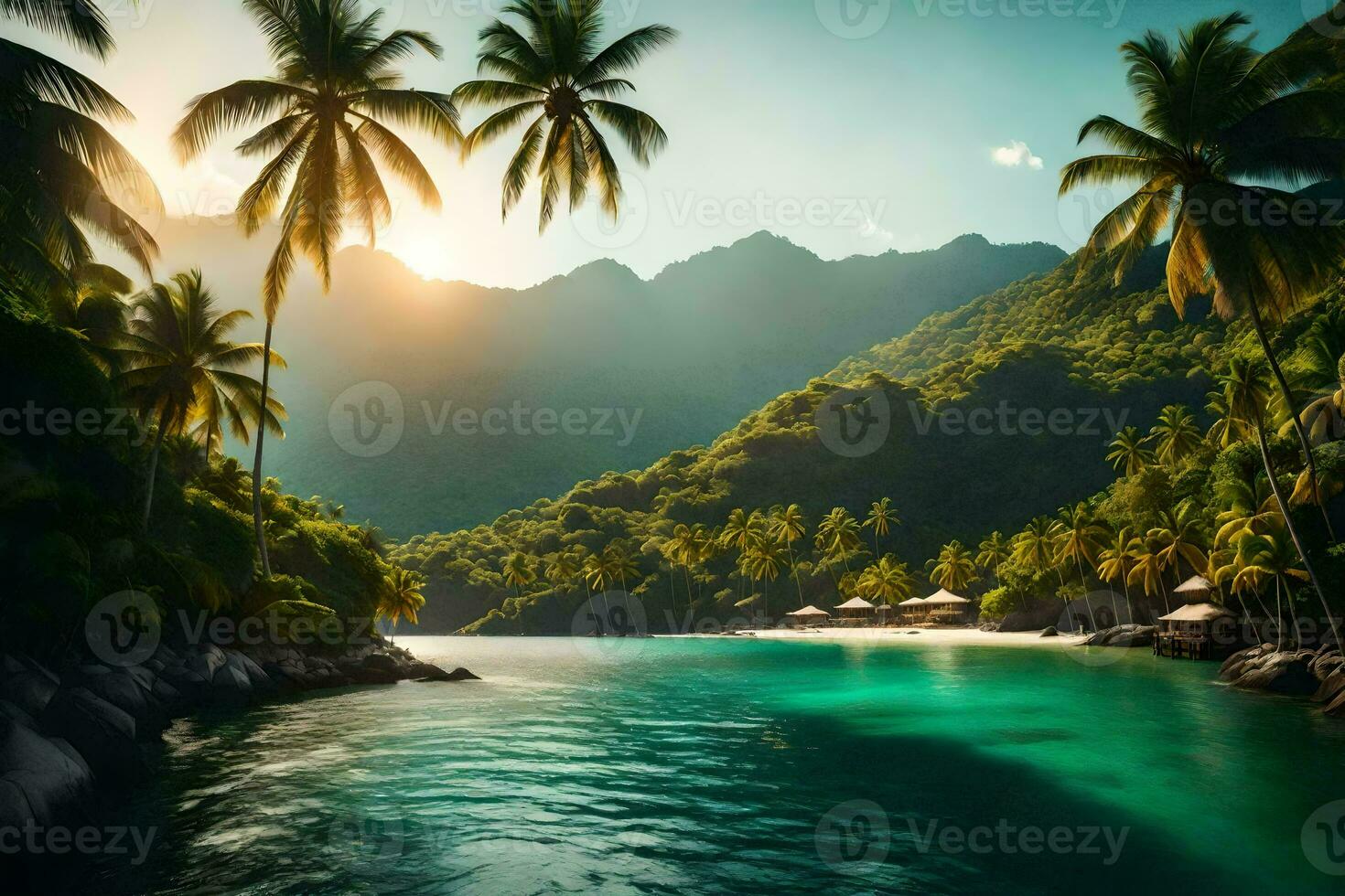 the sun shines over a tropical beach and palm trees. AI-Generated photo