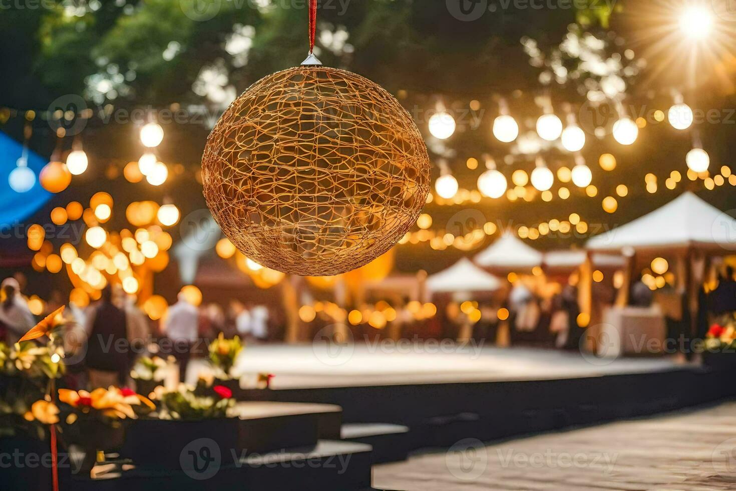 a ball hanging from a string in front of a tent. AI-Generated photo