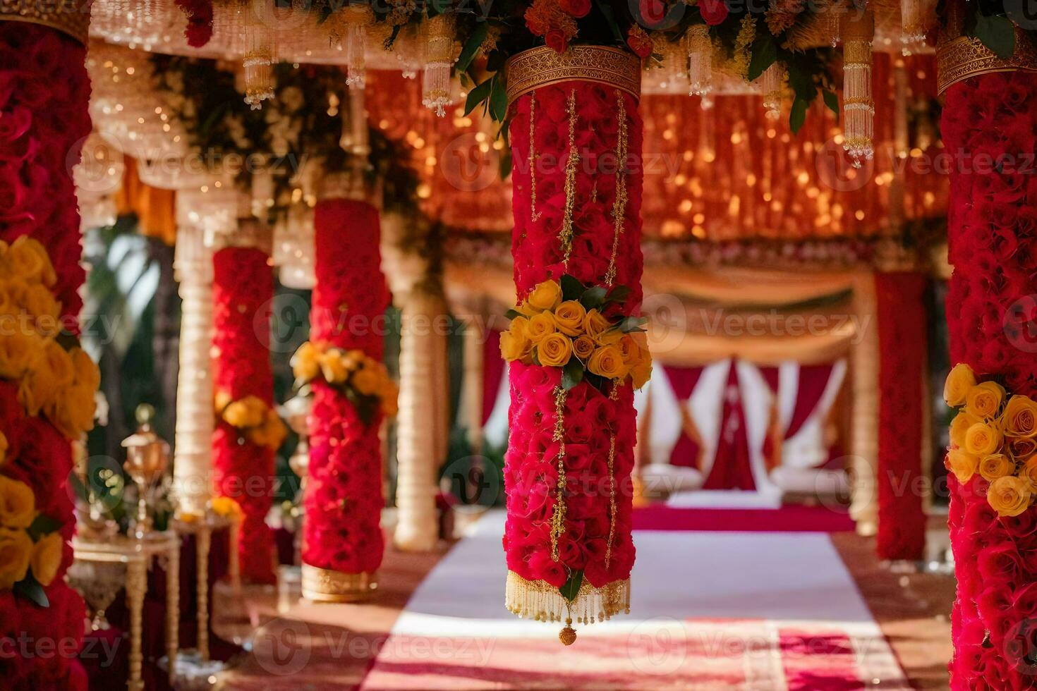 indian wedding decor with red and yellow flowers. AI-Generated photo