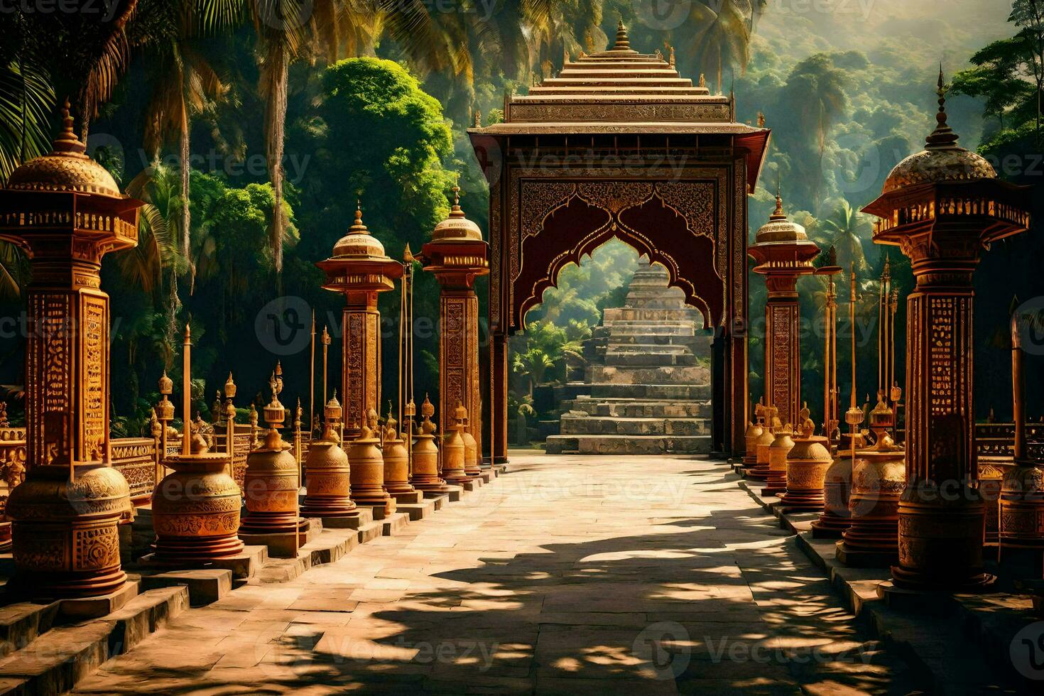 an ornate entrance to a temple in the jungle. AI-Generated photo