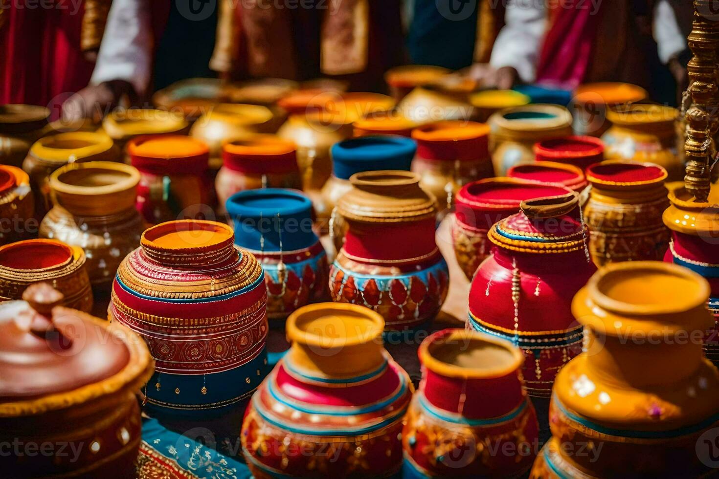 colorful pots and vases are displayed on a table. AI-Generated photo