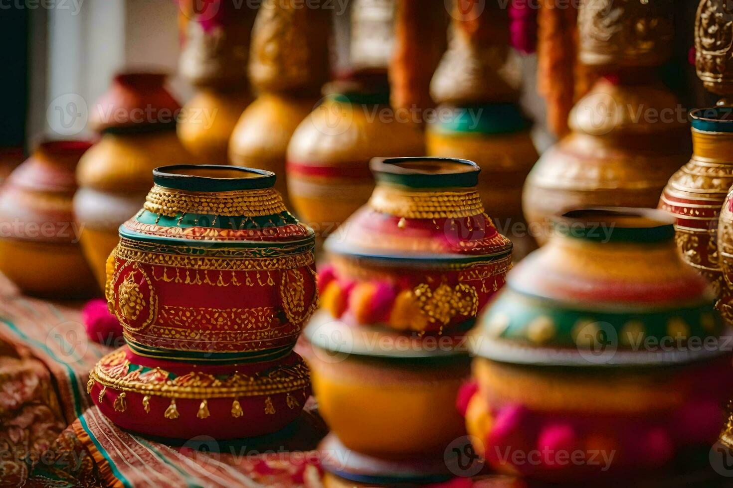 many colorful vases are on display in a room. AI-Generated photo