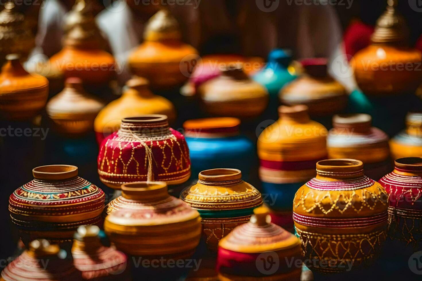colorful pottery on display at a market. AI-Generated photo