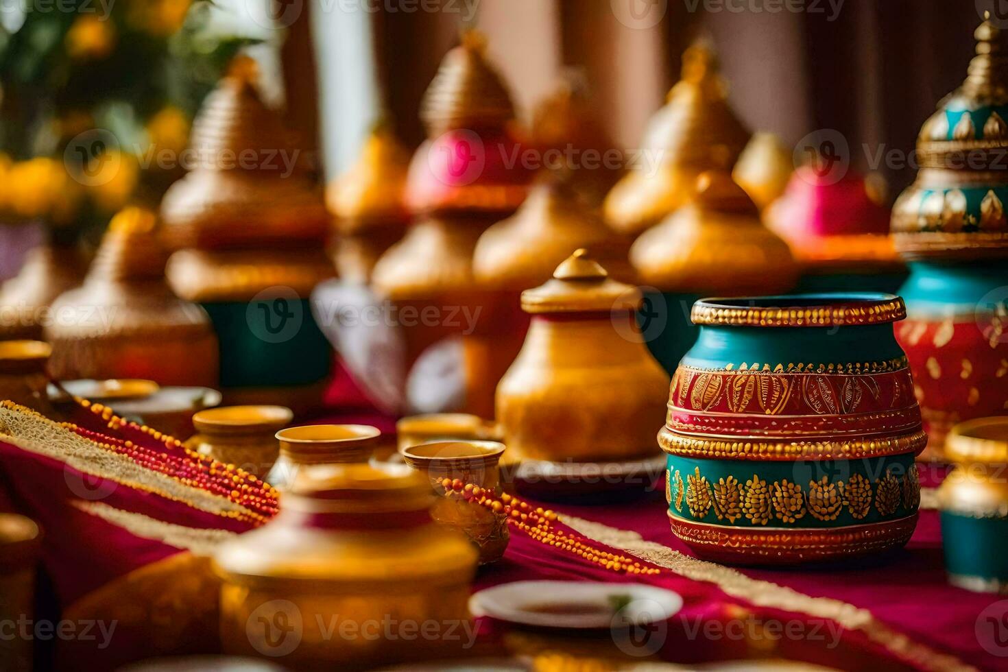 many colorful pots and bowls are on a table. AI-Generated photo