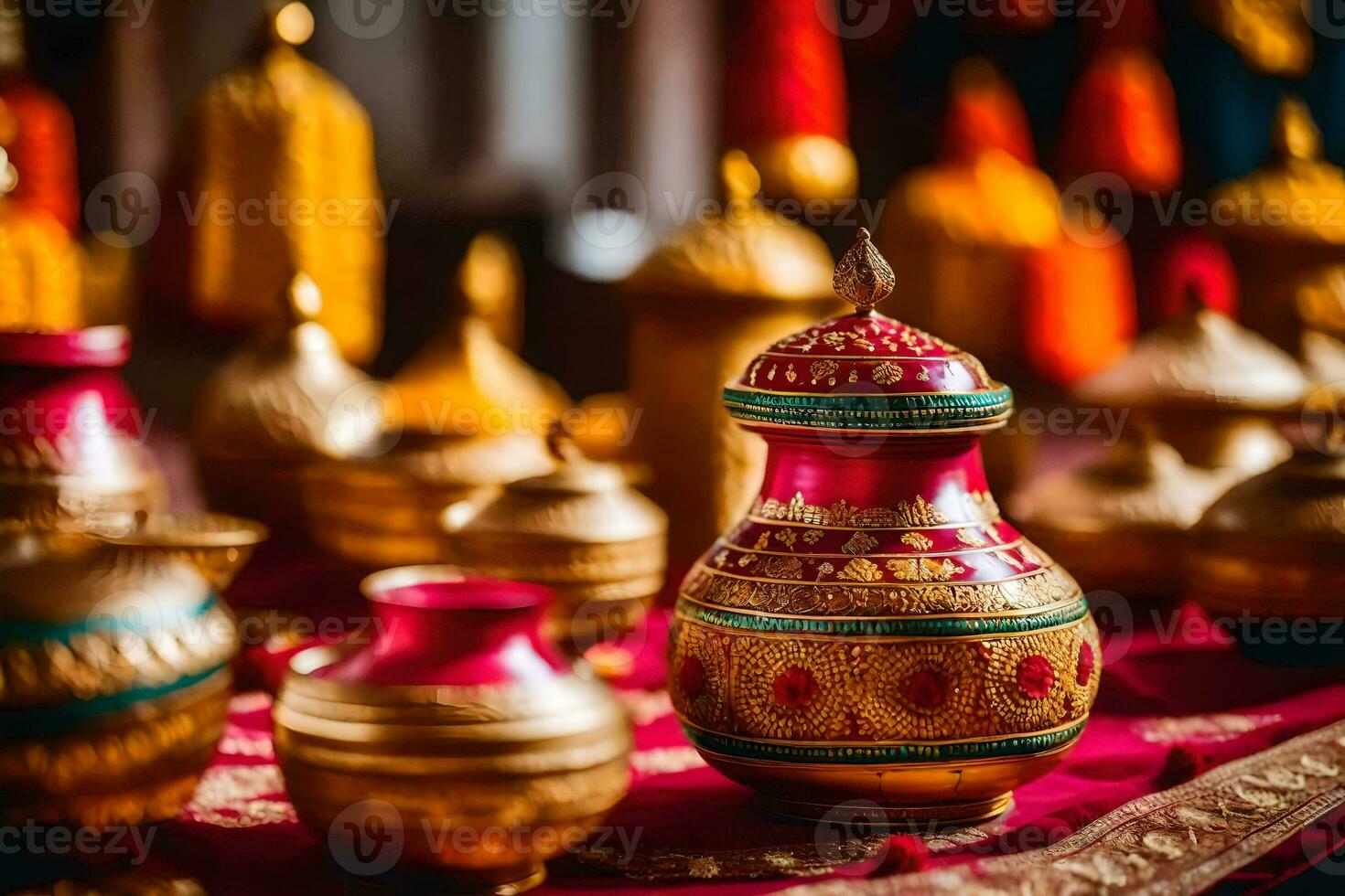 golden vases and other decorative items on a red table. AI-Generated photo