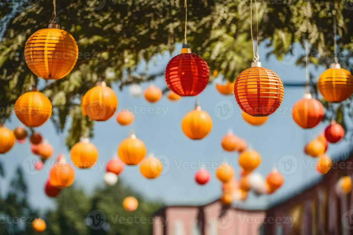 orange paper lanterns hanging from a tree. AIGenerated 30832594 Stock