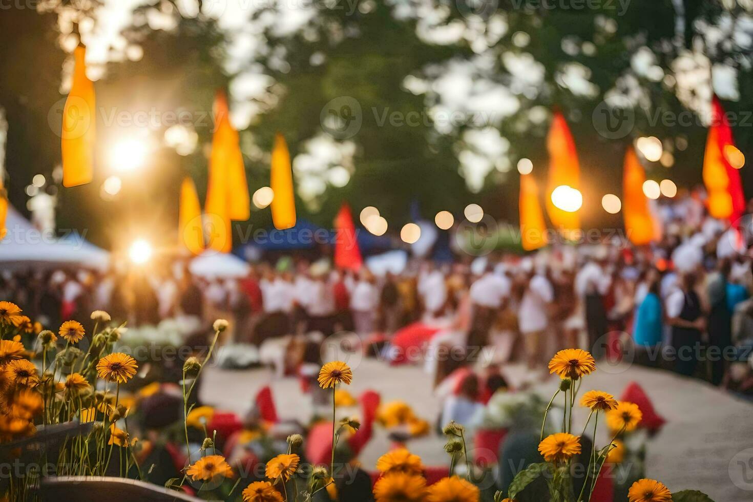 a crowd of people at an outdoor festival with flowers. AI-Generated photo